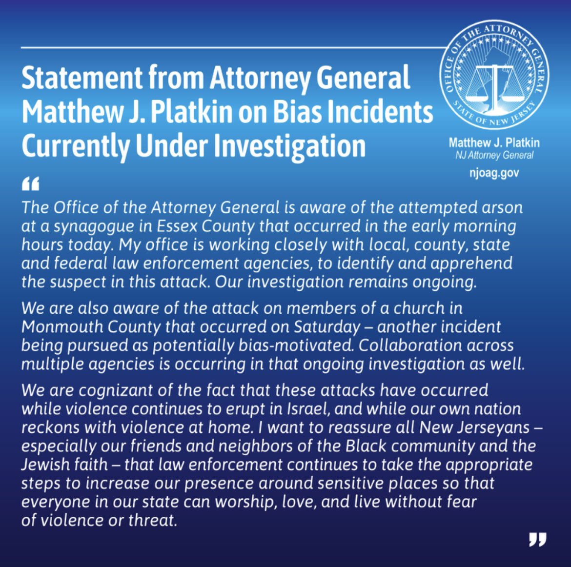 Attorney General Matt Platkin on Twitter "A statement from Attorney
