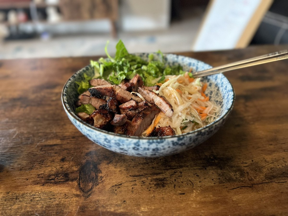 Having Vietnamese BBQ pork over cold noodles for lunch. #VietnameseBBQPork #ColdNoodleDish #FinalFeast #FusionFood #FoodieHeaven #BBQDelight #NoodleNirvana