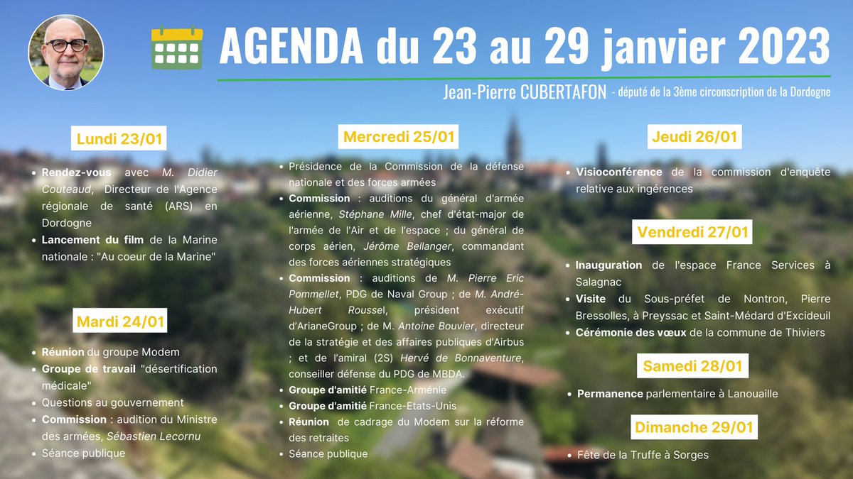 📆Qu’ai-je fait cette semaine ?

Retrouvez ci-dessous les principaux événements de la semaine qui ont eu lieu à Paris et en Périgord Vert. Le partage de mon agenda, c'est pour vous davantage de visibilité sur le quotidien d’un député, de l’Assemblée à la circonscription.