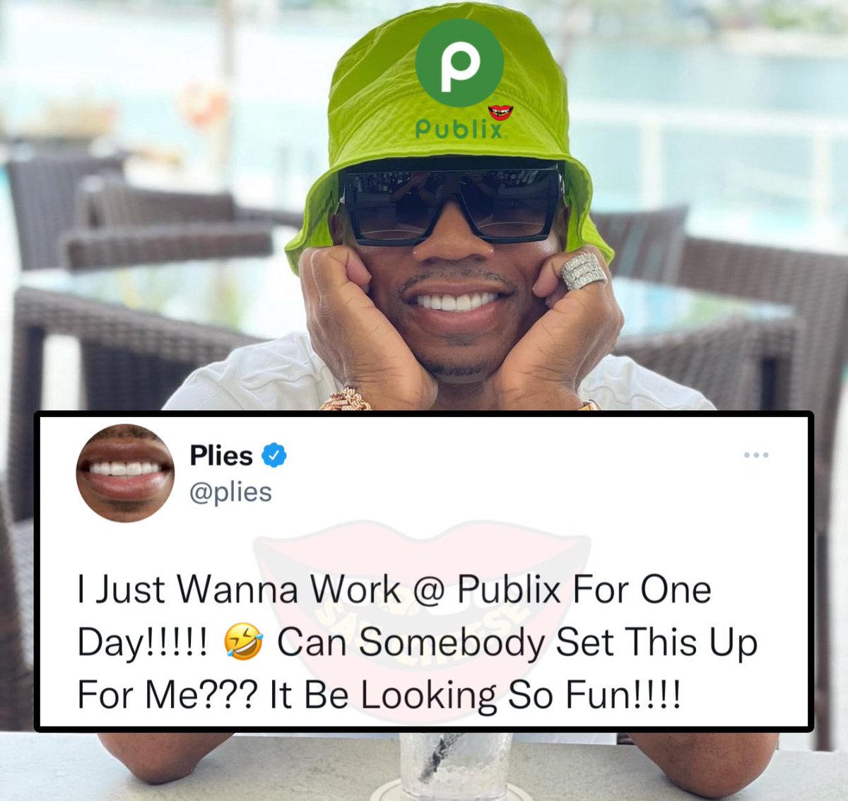 SaycheeseDGTL's tweet photo. Plies says he wants to work for Publix for a day https://t.co/lWNh1cYXLa