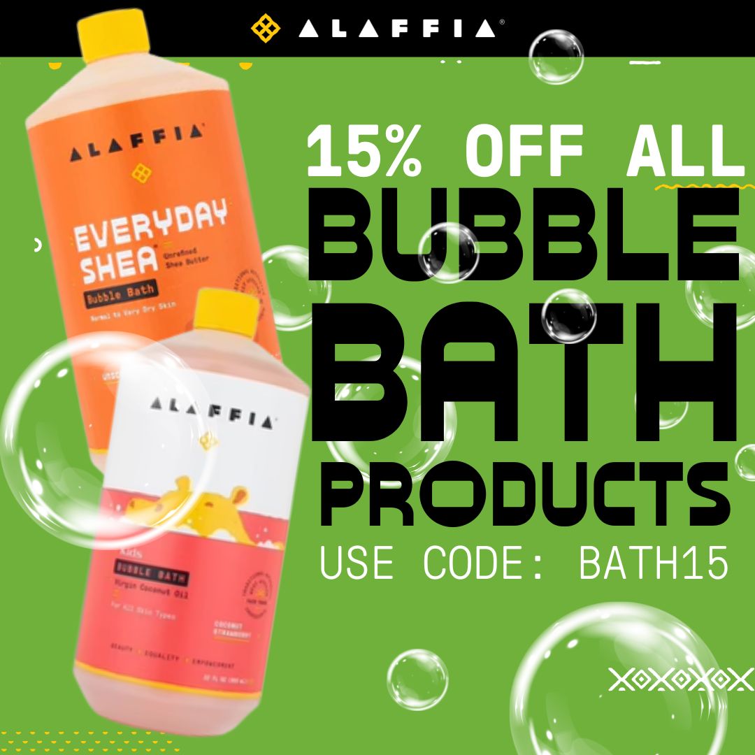 "Feeling bubbly? So are we! Stock up on Alaffia bubble bath products and save 15% off 🛁🛍️ Indulge in some self-care with our all-natural bubble bath products, now at a discounted price on alaffia.com. #alaffia #bubblebath #sale #selfcare #naturalbeauty"