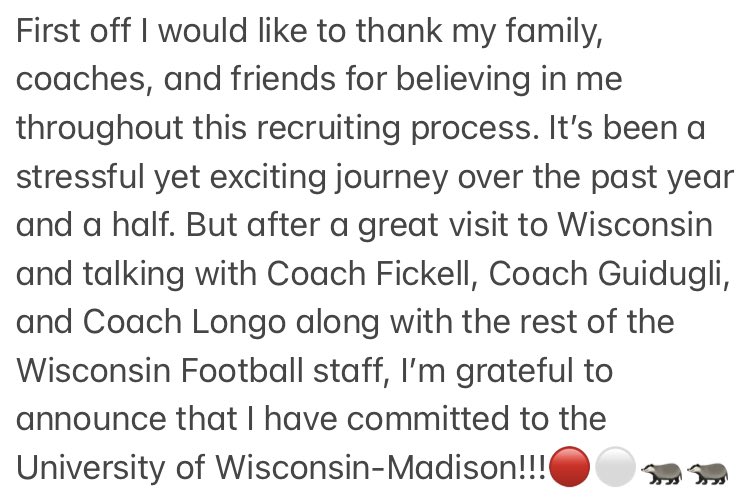 Grant Stec (@stec_grant) on Twitter photo 2023-01-29 19:22:08 Let’s go Badger Nation!!!❤️🤍#committed @CoachFick @GinoGuidugli @CoachPhilLongo @Wr86Zimm @HDJacobsFBall #OnWisconsin #badger #badgerfootball #BadgerNation #Wisconsin Let’s go Badger Nation!!!❤️🤍#committed @CoachFick @GinoGuidugli @CoachPhilLongo @Wr86Zimm @HDJacobsFBall #OnWisconsin #badger #badgerfootball #BadgerNation #Wisconsin