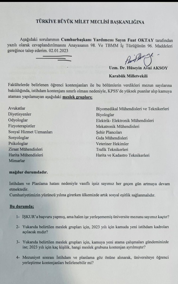 Sayın <a href="/fuatoktay/">Fuat Oktay</a> öncelikle bu soru önergesini cevaplayarak başlayabilirsiniz. Atanma bekleyen onlarca nitelikli meslek grubundan binlerce insan işsizlikle mücadele ediyor.
#CbYüzyılaRekorAtama
