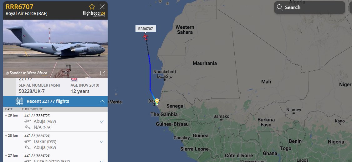 RRR6607 #RAF C17A out of #Senegal after return trip to Nigeria. 1930z