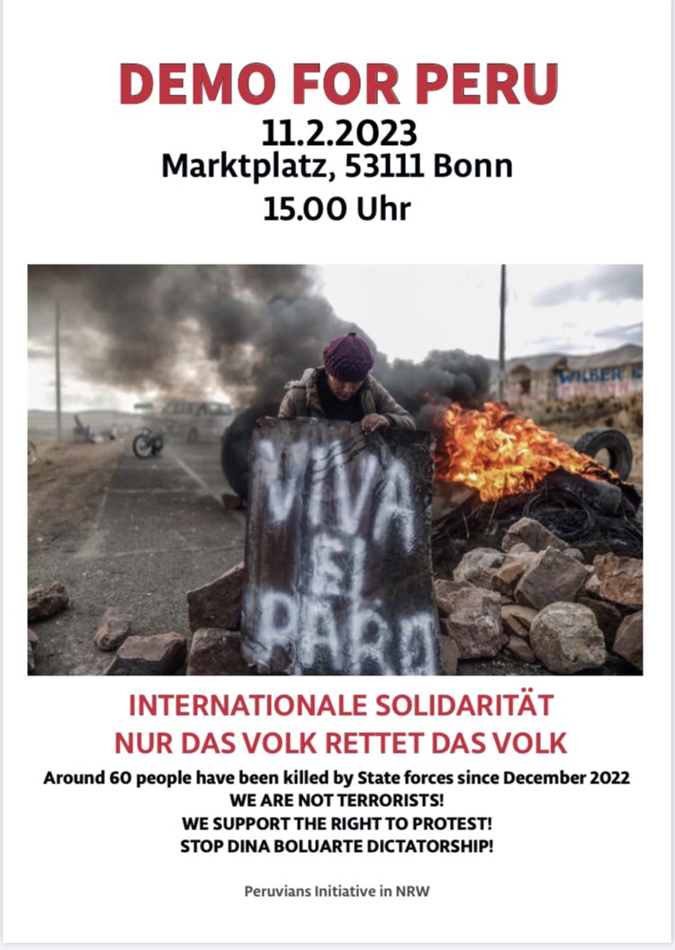 ivonnesheen's tweet photo. DEMO in support of Peru in #Bonn #NRW 
11.2.2023
Markplatz, Bonn
#SOSPERU #DinaRenunciaYa #Alemania #PeruEnEmergencia #HumanRights @Journal_UN_ONU https://t.co/D5hgouDpMG