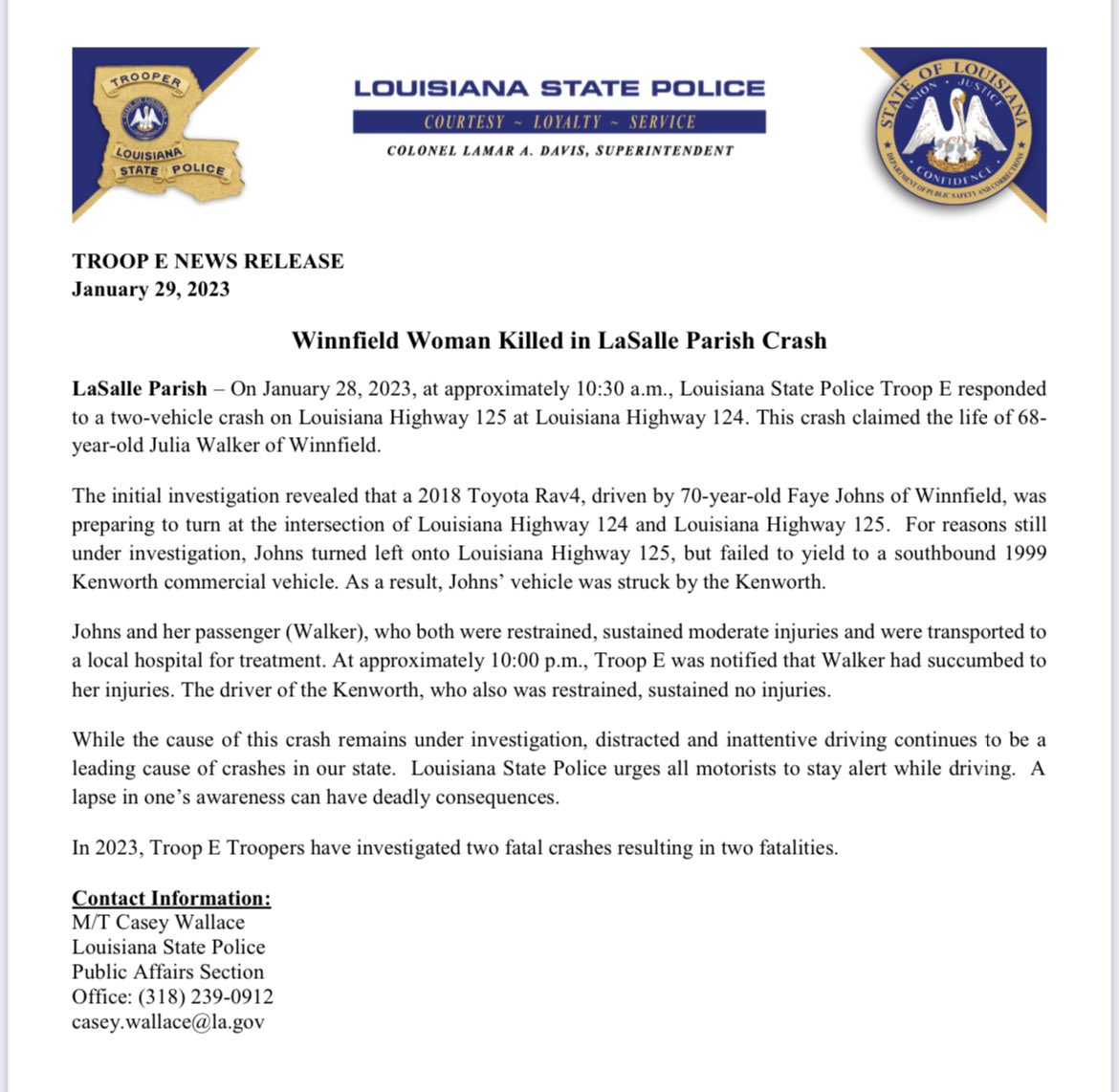 LA State Police on Twitter "Winnfield Woman Killed in Lasalle Parish Crash"