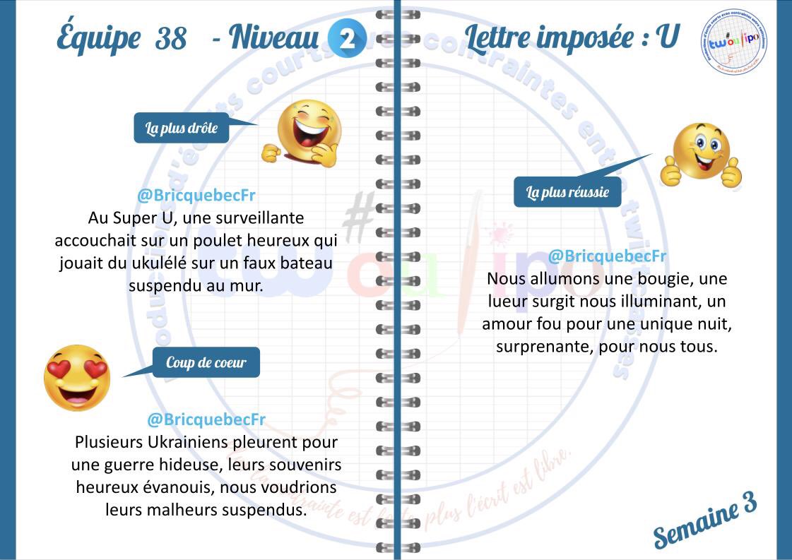 #EQ38 voici les résultats pour la lettre imposée. 
Bravo à <a href="/BricquebecFr/">LettresBricquebec</a> pour leur triplé, cette 3eme semaine 👍👏👏, les résultats étaient serrés.
<a href="/les9adela/">Les9AdelaRose</a>
<a href="/CdiParny/">CDI Parny</a>
<a href="/CND_classeFr1/">CNDRDL S1</a>
<a href="/alaintwoulipo/">alaintwoulipo</a>
#Twoulipo