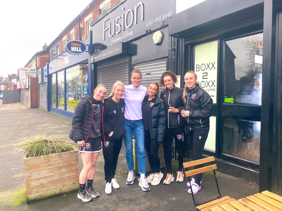 EmmaHickson's tweet photo. Fuelled for the 7-0 win by the legend that is @JillScottJS8 👑

The coffee was lovely too 🤩

Up the @chorleywomenfc https://t.co/quilNpkLTp