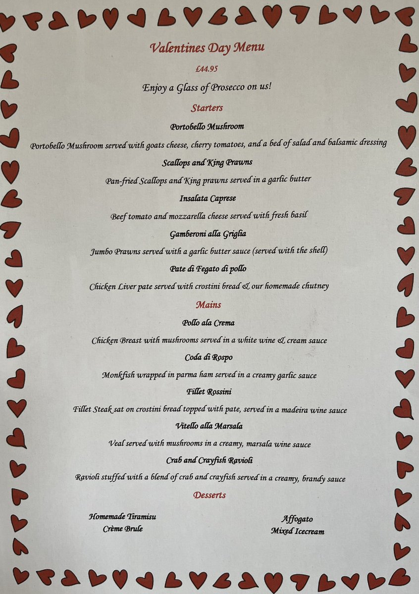 Our valentines set menu! #solihull #commonbalsall #valentines #italian   #treat #love