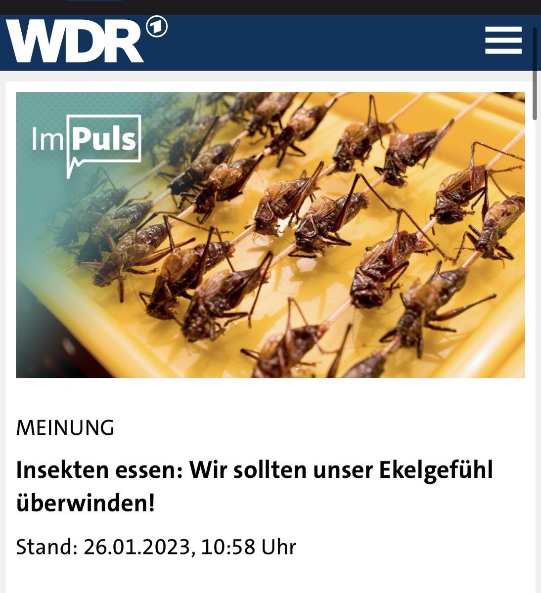 Insekten essen: Wir sollten unser Ekelgefühl überwinden!

Nur EU-Gegner und Verschwörungstheoretiker finden es nicht gut, dass man Insekten-Tiermehl nun in Kekse und Pizza mischen darf!

www1.wdr.de/nachrichten/im…

t.me/Rosenbusch