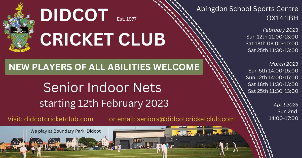 Senior indoor nets start 12th February - 11am Abingdon School Sports Centre.

New players of all abilities welcome, email seniors@didcotcricketclub.com to get in touch. 

Dates on the website: didcotcricketclub.com/news/senior-wi…