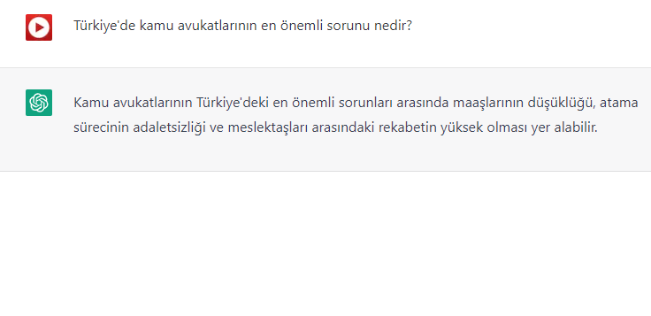 #ChatGPT'ye sordum:
Türkiye'de kamu avukatlarının en önemli sorunu nedir?
#KamuAvukatıHaklıBeklenti