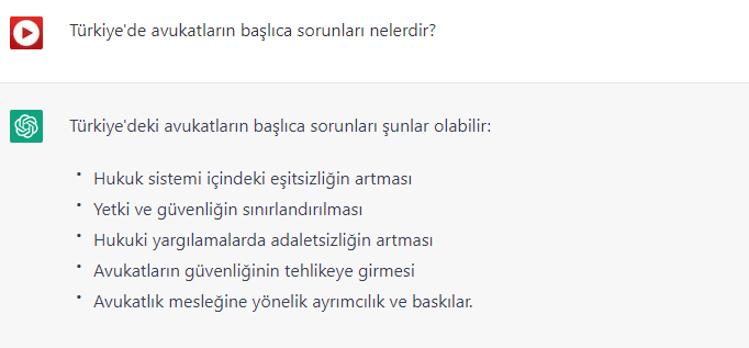 #ChatGPT'ye sordum:
Türkiye'de avukatların başlıca sorunları nelerdir?

<a href="/AvukatHG/">Avukat Hakları Grubu ⚖️</a>