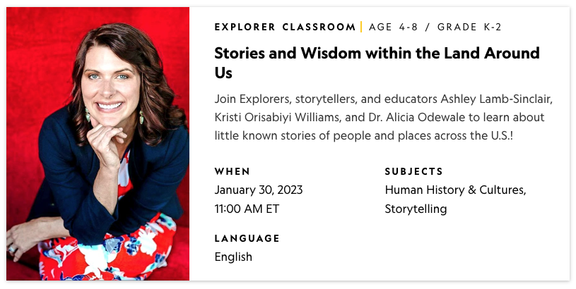 Join us tomorrow for #ExplorerClassroom for Littles with @AshleyLambS &amp; learn about wisdom from the little-known stories of places and people in the US! Register here for an on-screen spot or to view from home/school! nationalgeographic.org/tickets/explor… <a href="/NatGeoEducation/">Nat Geo Education</a> <a href="/InsideNatGeo/">National Geographic Society</a>