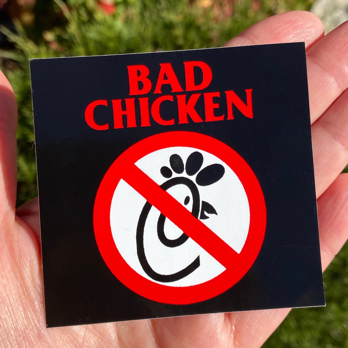 stickerguy's tweet photo. Sticker of the Day! BAD CHICKEN! 2.75” x 2.75” Square Cut! Red &amp; Black Ink on White Vinyl! Screenprinted!  

#stickeroftheday #stickinittothemansince93 #stickerguy #square #blackink #redink #whitevinyl #screenprinted #shoplocal #renonevada #sticker #vinyl https://t.co/gg0A3dSgOd