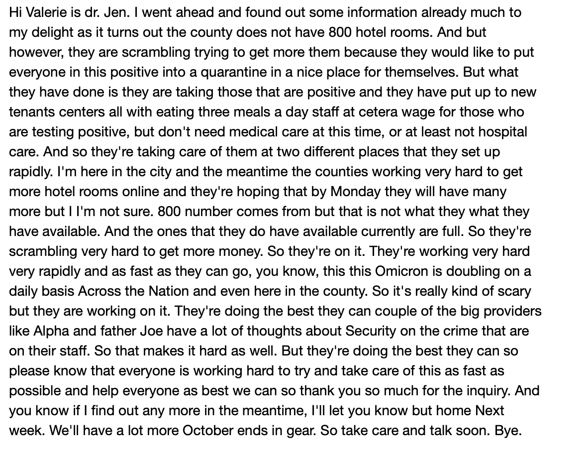 LoriSaldanaSD's tweet photo. While we're waiting:
This is a transcript of a Dec 31 2021 message @CM_Jencampbell left after I called to ask her to get more #ProjectRoomkey resources before more unhoused people died from #COVID19
We talked briefly- but she must have realized she didn't give a good response
2/ https://t.co/ys6QLKQ1S4