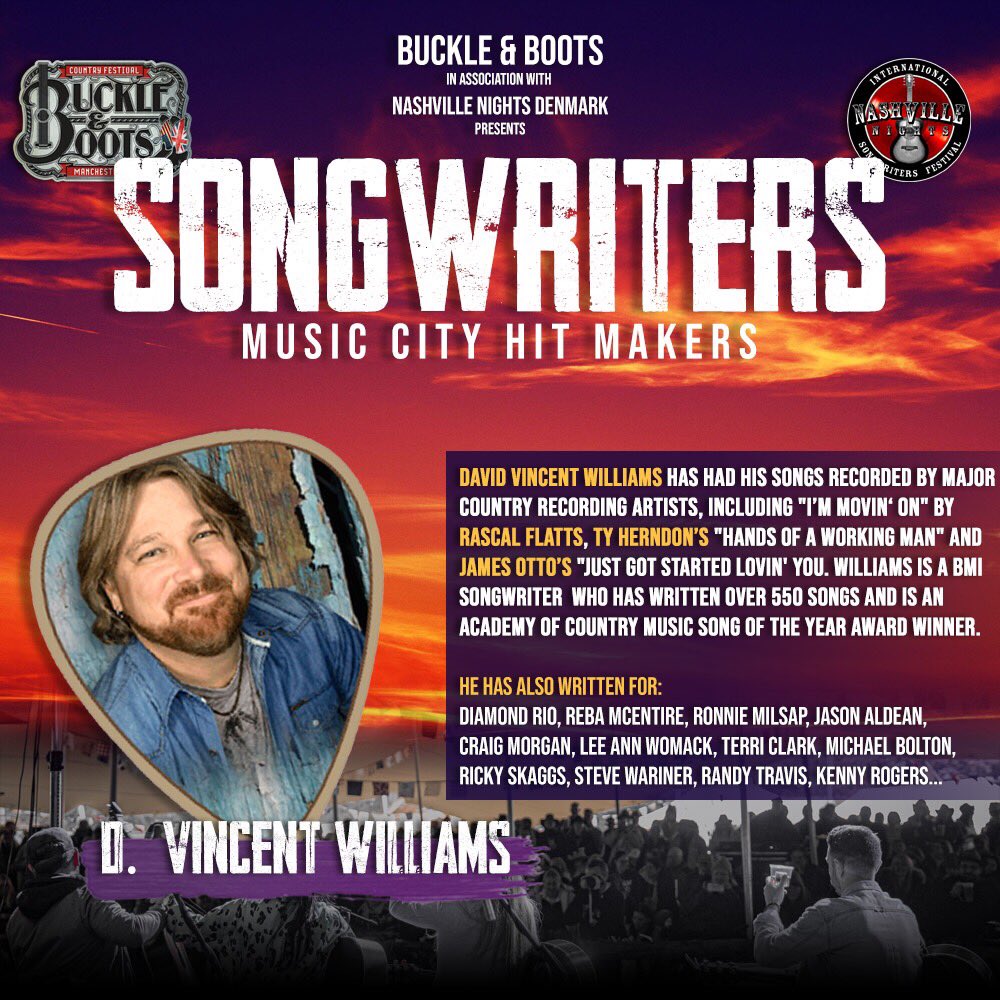 SONGWRITER SPOTLIGHT - D. Vincent Williams

D. Vincent Williams has had his songs recorded by a vast amount of Nashville's elite over the years. Grab your tickets and let us know what you hope to hear him perform. You won't want to miss this!

Tickets: buckleandboots.co.uk/home/buckle-bo…