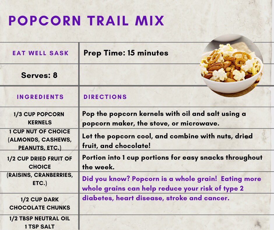 EatWellSask's tweet photo. Here are the recipes for the second week of #planwell and #prepwell to #eatwell!
Prep these recipes for the week (it should take just over an hour):
🍎 Applesauce Breakfast Muffins 
🧇 Freezer Stash Whole Wheat Waffles 
🍿 Popcorn Trail Mix https://t.co/h2lkeV5EiR