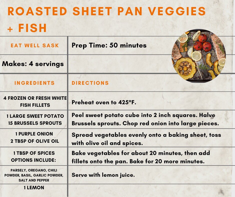 EatWellSask's tweet photo. Here are the recipes for the second week of #planwell and #prepwell to #eatwell!
Plan these recipes for the week:
🍝 Tomato Zucchini Pasta
🐟 Roasted Sheet Pan Veggies and Fish https://t.co/4QmpFZRdrh