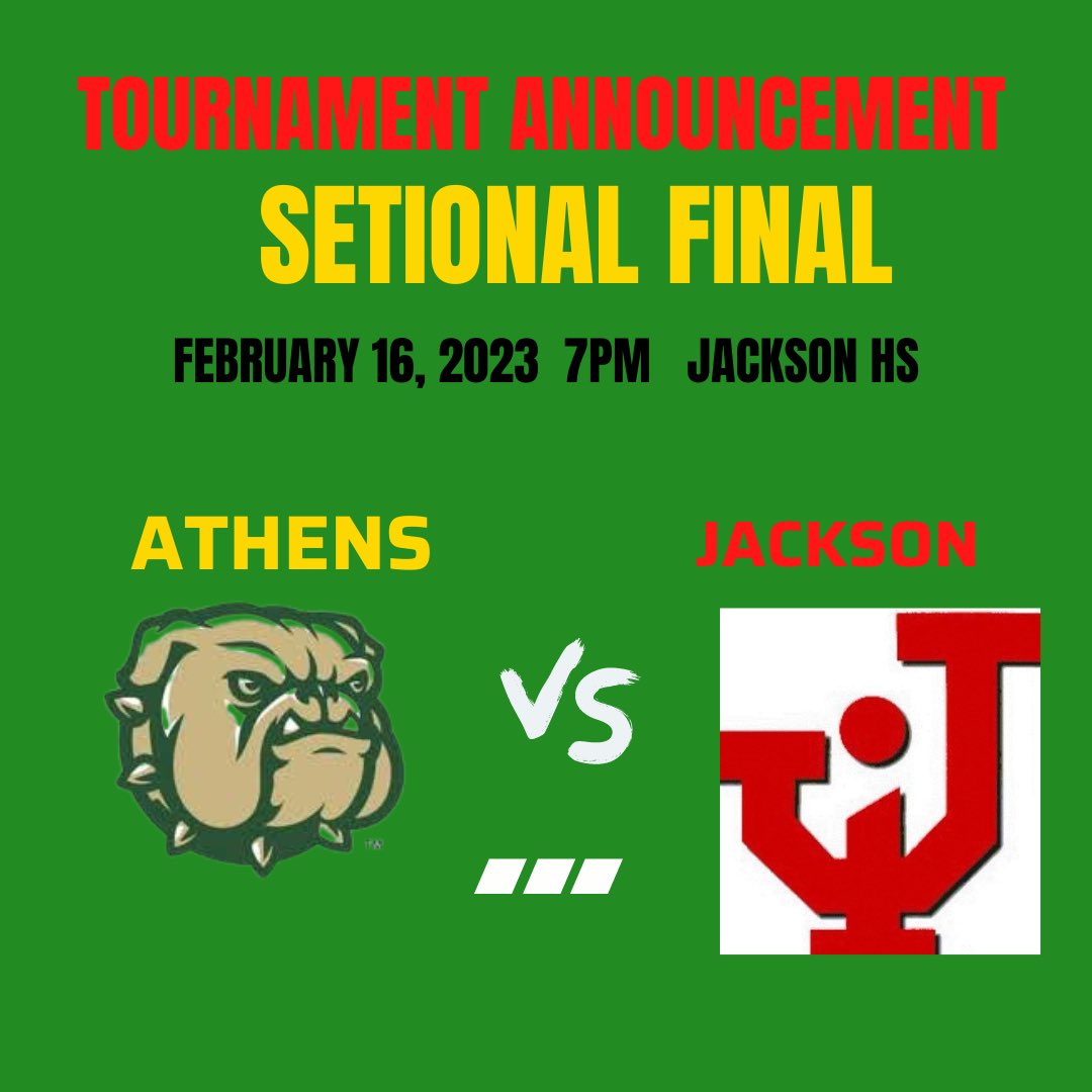 Girls Sectional Tournament Announcement 

🆚 Jackson

📍Jackson HS

📆 February 16, 2023

⏰ 7pm

🎟️ ohsaa.org/tickets

✳️ Athens is the 11 seed and Jackson is the 6 seed.

#AthensBulldogs