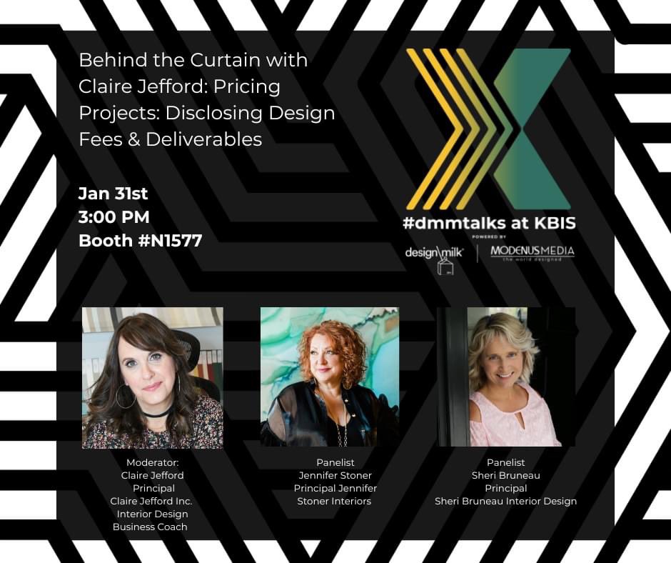 designmilk's tweet image. At @KBIS, on 1/31 at 3:00 PM in the #DMMTalks lounge, join Claire Jefford, Jennifer Stoner, and Sheri Bruneau to get a rare peek 'Behind the Curtain' of Kitchen and Bathroom projects by well-established designers. #KBIS2023