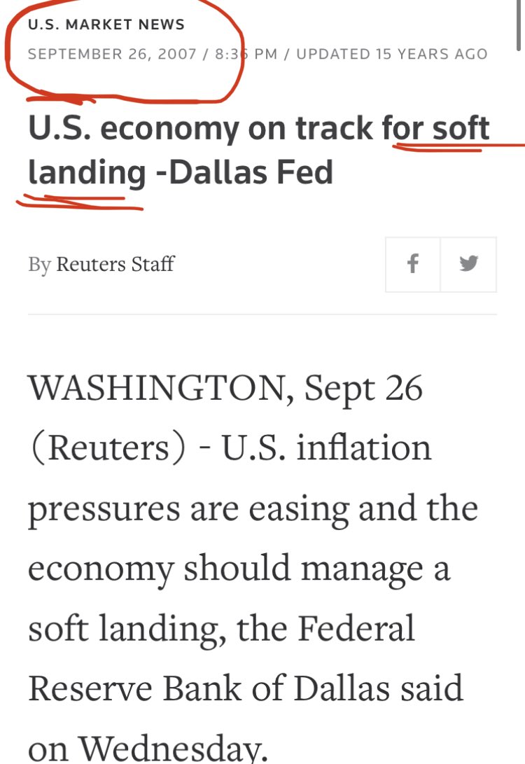 MacroAlf's tweet photo. In late 2007, the Fed and major US banks were predicting a soft landing. https://t.co/o94TVxmLnC