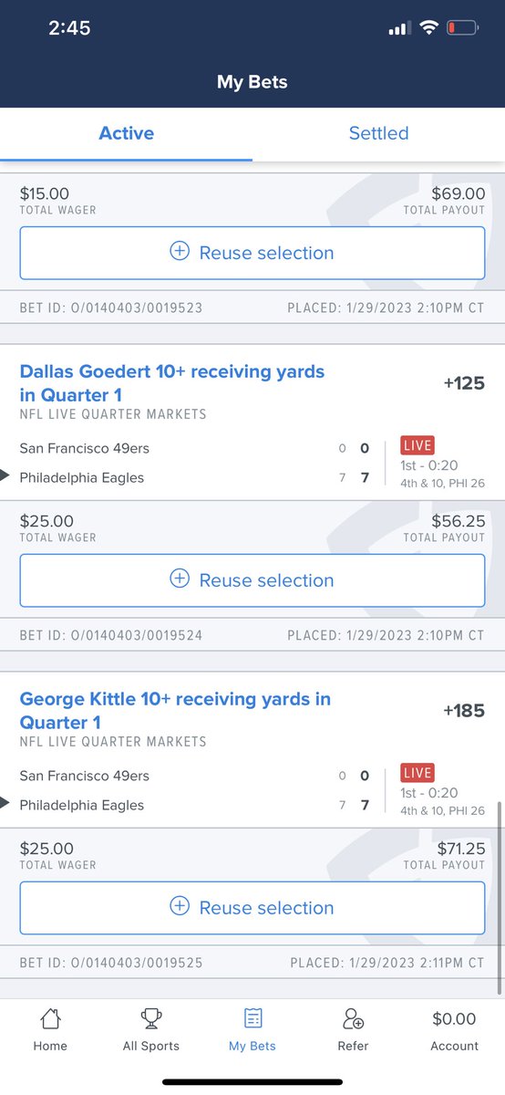 PropMclaughlin_'s tweet photo. And people say sports arent scripted To a T….. look at these yards in first quarter. Every player is 1 or 2 yards short for the live qtr market yards……. #GamblingTwitter #GamblingTwitternfl #nfl #NFLPlayoffs #NFCChampionship #eagles #rigged #scripted #GTFO #SCAM #NFLTwitter https://t.co/BpQVVUiunx
