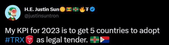 MoscentEth's tweet photo. @justinsuntron 's plan for 2023: Make 5 countries accept TRX as legal tender

Do we believe in Sun?
#Crypto #CryptoNews https://t.co/nctT3WkyGW