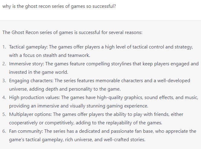 I asked openAI's chat AI why the Ghost Recon series was so successful. If artificial intelligence can get this so RIGHT, why are Ubisoft getting it so WRONG?