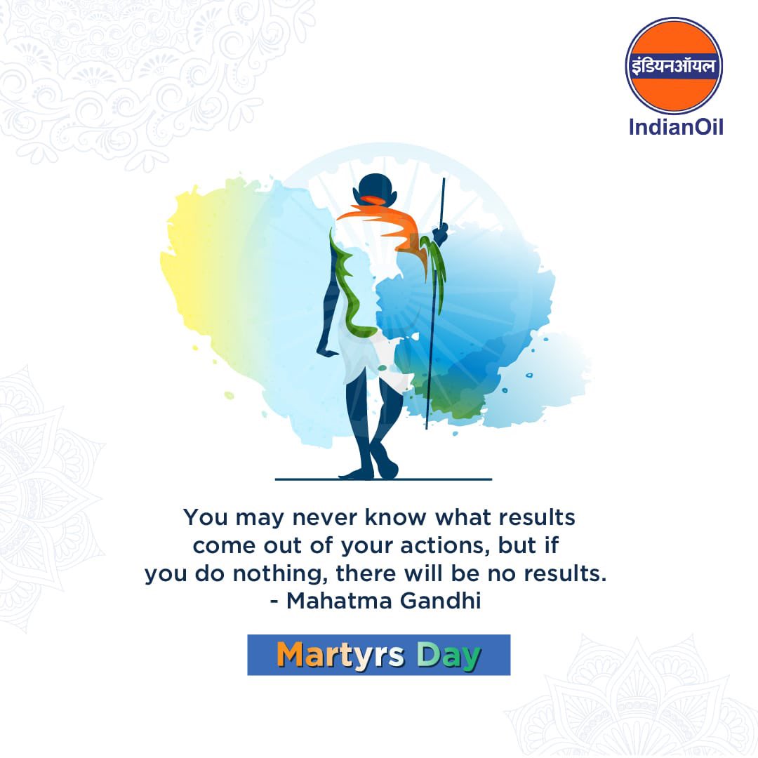 IndianOilcl's tweet photo. On #MartyrsDay, we pay homage to our Father of the Nation and respectfully remember the brave freedom fighters who sacrificed their lives for our country. Let us all resolve to follow Bapu’s path of truth &amp; non-violence. https://t.co/KJ99FdHPVR