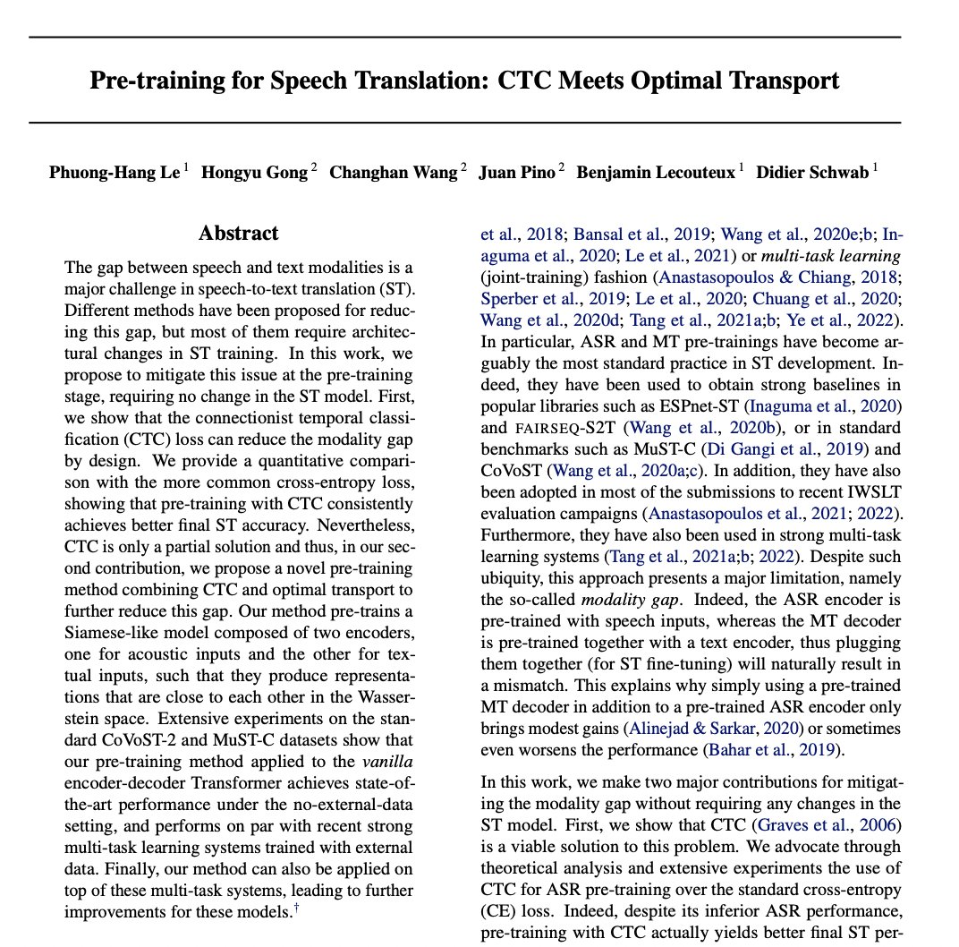 Pre-training for Speech Translation: CTC Meets Optimal Transport 

abs: arxiv.org/abs/2301.11716