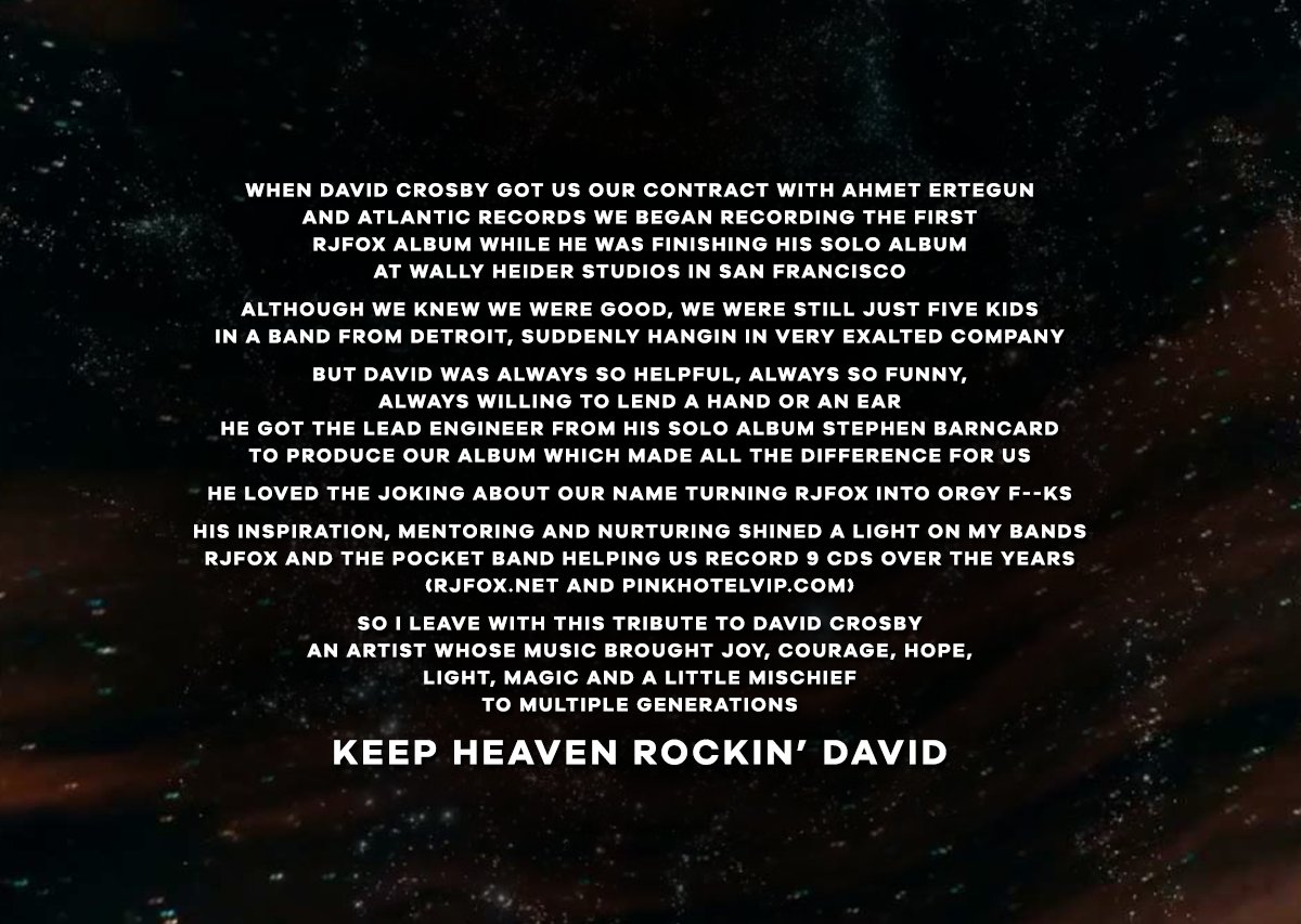 joelrockroll's tweet photo. Our tribute to David Crosby, an artist whose music brought joy, courage, hope, light, magic and a little mischief to multiple generations

Keep Heaven Rockin David 🎸 https://t.co/tJqdW1sd2z