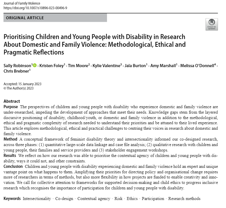 timbomoore's tweet photo. Conducting research with children with disability is vital. Here are some of @SalRob310, Kristen Foley, @kylievfromSPRC Jala Burton @DrAmyMarshall Mel O'Donnell, Chris Brebner and my reflections on what we learned from our @ANROWS FDV research https://t.co/HUirrz7wAP https://t.co/vOUWsWI4d6