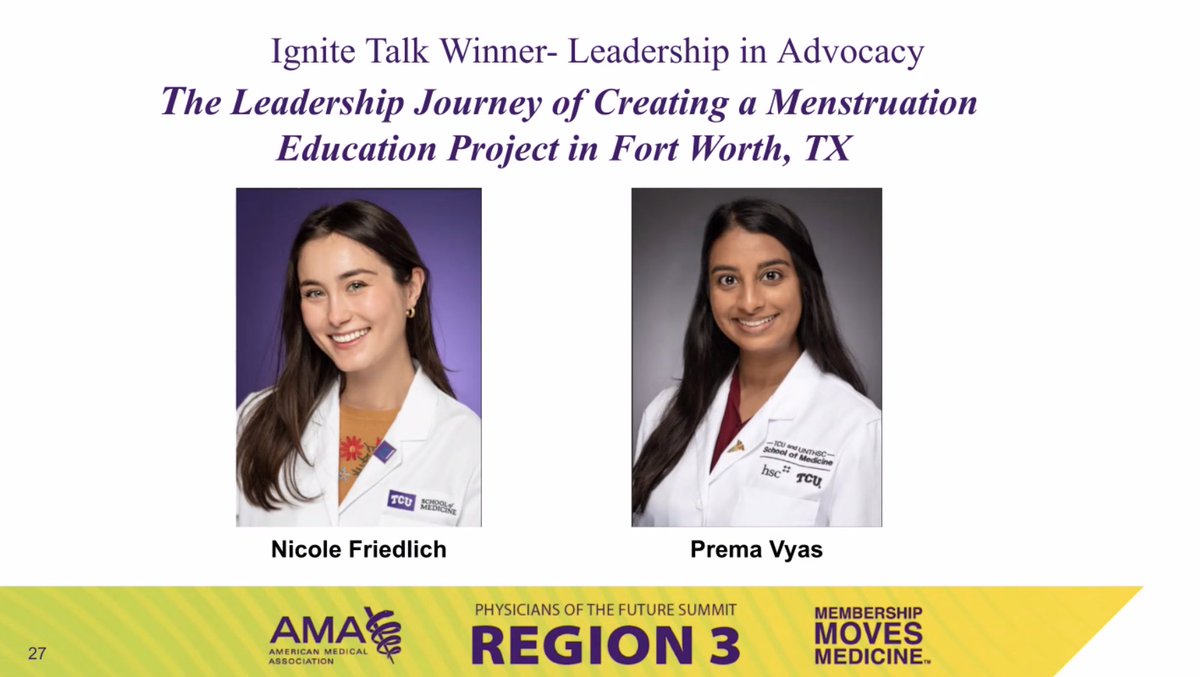 vyas_prema's tweet photo. I'm so honored that our Ignite talk about the @OGSIG_FWMD Menstruation Education Project was recognized at the @AMAmedstudents Region 3 physicians of the future summit! I'm so proud of this team for organizing and leading an incredible initiative!! https://t.co/qHky3F4PcS