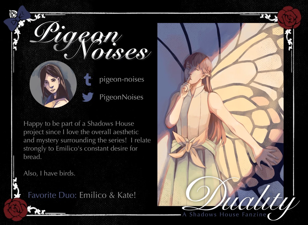 ShdowsHouseZine's tweet photo. It's that time again; contributor spotlights! Today's contributors on the docket are PigeonNoises, one of our fantastic page artists, and... 🧵 https://t.co/HHuY4eWMzh