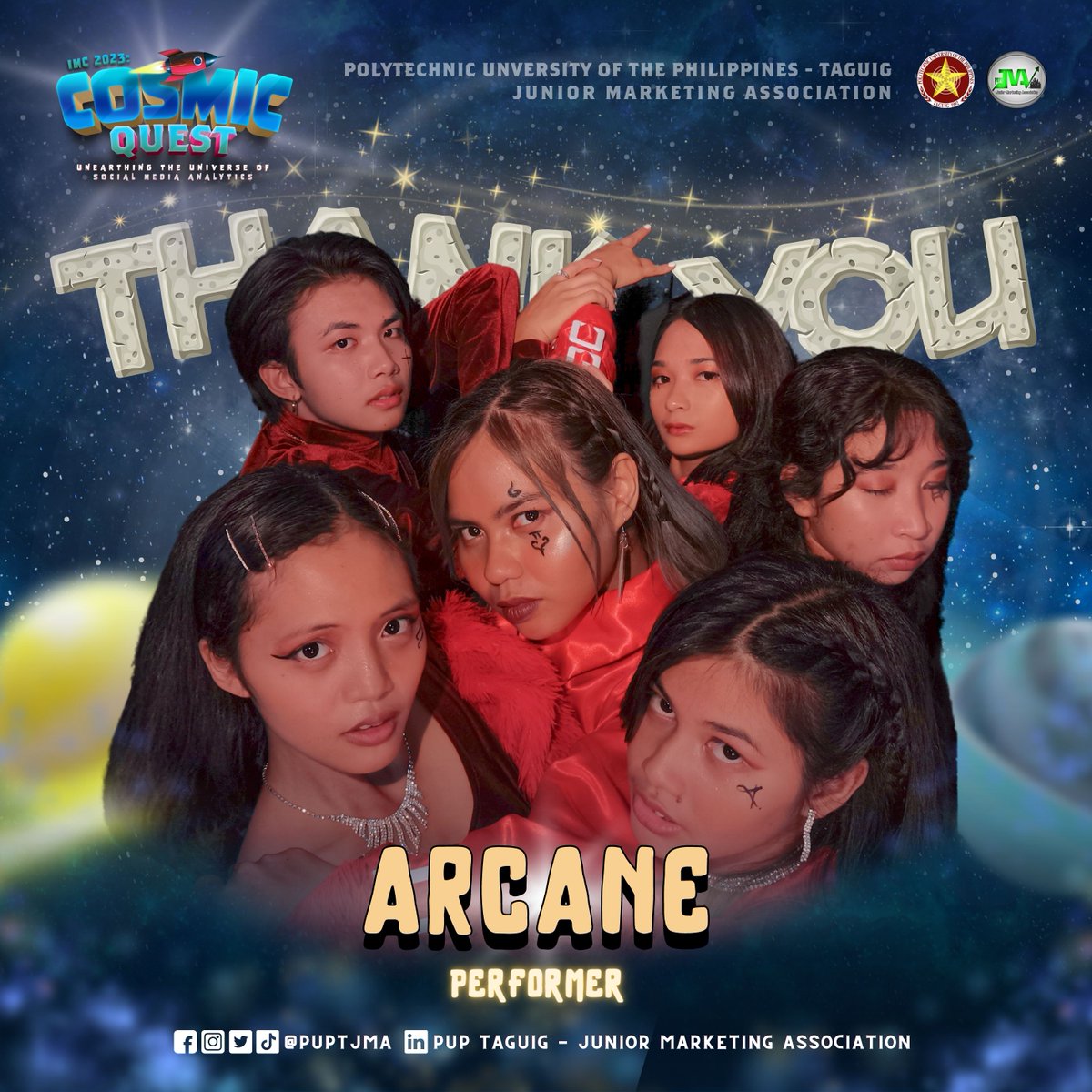 The PUPT-JMA extends its heartfelt appreciation to Ms. Isang Manlapaz and ARCANE, for making our quest fun by exhibiting your talents. 

Our explorations became worthwhile with you! 

COSMIC QUEST: Unearthing the Universe of Social Media Analytics 

#CosmicQuest
#PUPTJMA