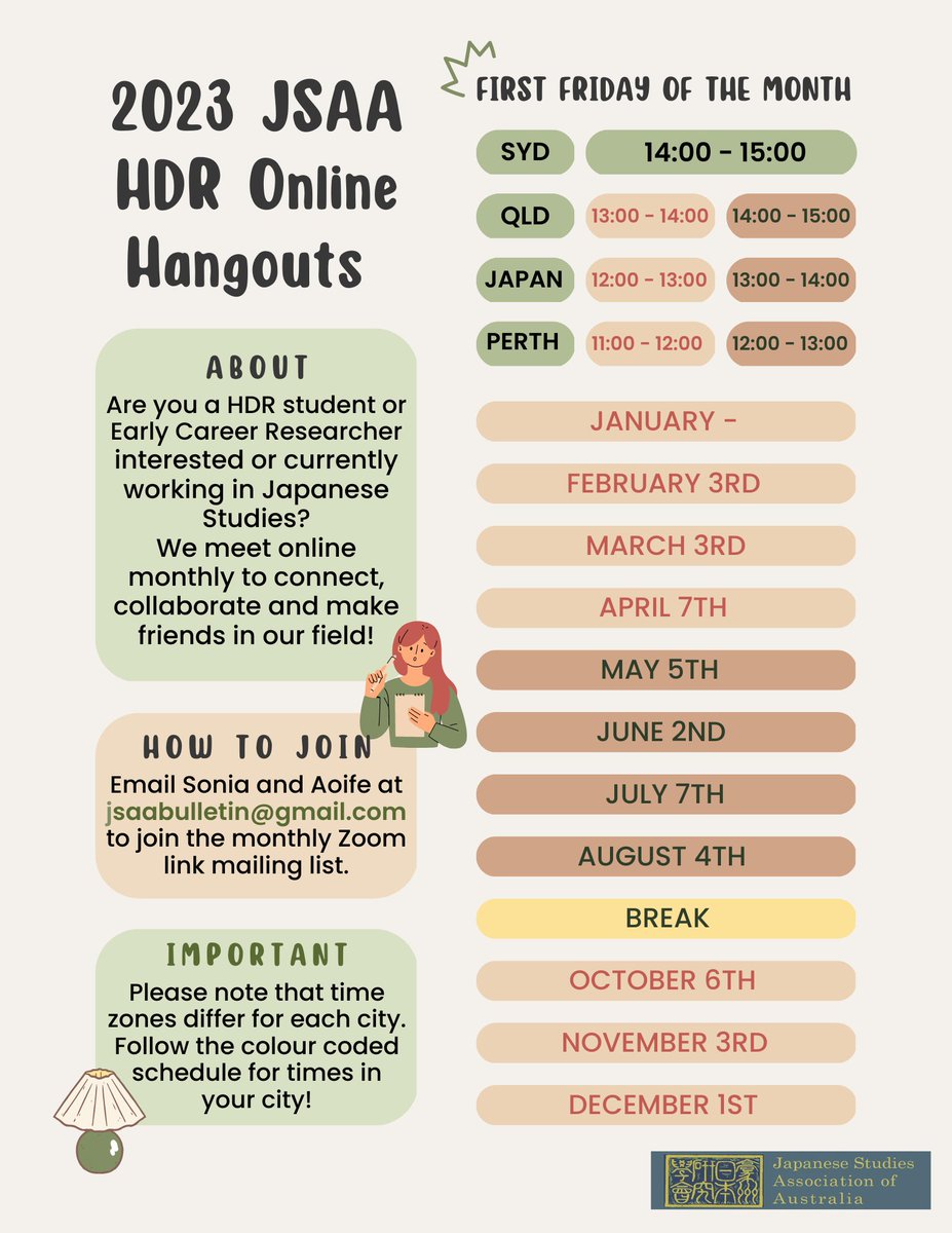 We are jump starting <a href="/thejsaa/">Japanese Studies Association of Australia</a> HDR Hangout Sessions again for 2023! This is an open invite any Postgrad student (incl. Honours, Masters and PhD) or ECR in Japanese Studies in Australia. We meet on the first Friday of every month to workshop research ideas and share advice👩‍💻