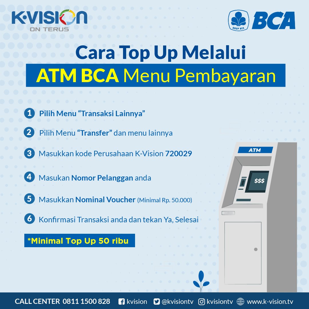 kvisiontv's tweet photo. Top-up saldo K-Vision kamu lewat Bank BCA yuk! Cek caranya berikut ini ya..
K-Vision On Terus!
#KVision #KVisionOnTerus #TVDigitalJamanNow #DIJAMIN #TVBerlangganan #TVBerbayar #InfoKVision #TransaksiViaBankBCA https://t.co/NxBy9jHA4T