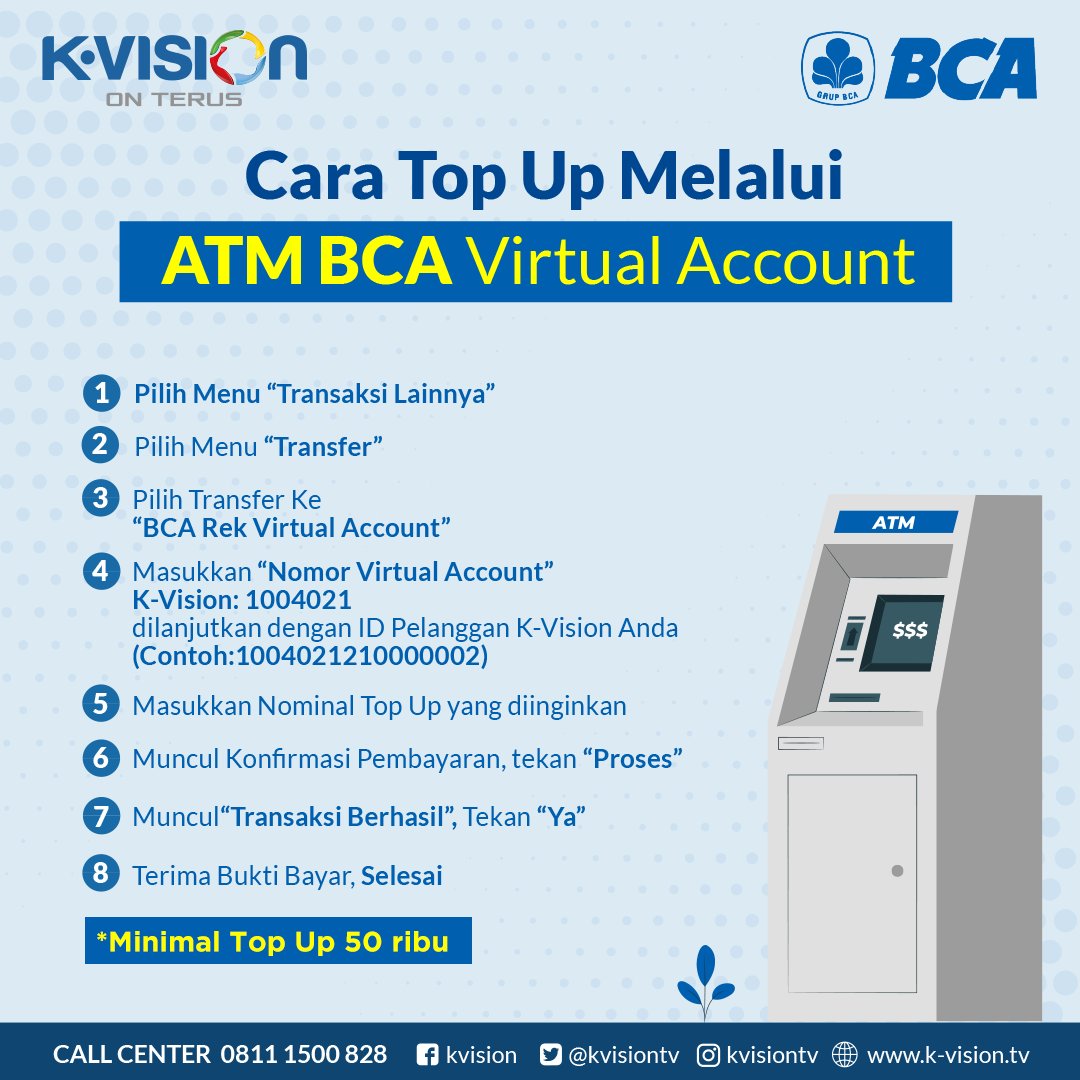 kvisiontv's tweet photo. Top-up saldo K-Vision kamu lewat Bank BCA yuk! Cek caranya berikut ini ya..
K-Vision On Terus!
#KVision #KVisionOnTerus #TVDigitalJamanNow #DIJAMIN #TVBerlangganan #TVBerbayar #InfoKVision #TransaksiViaBankBCA https://t.co/NxBy9jHA4T