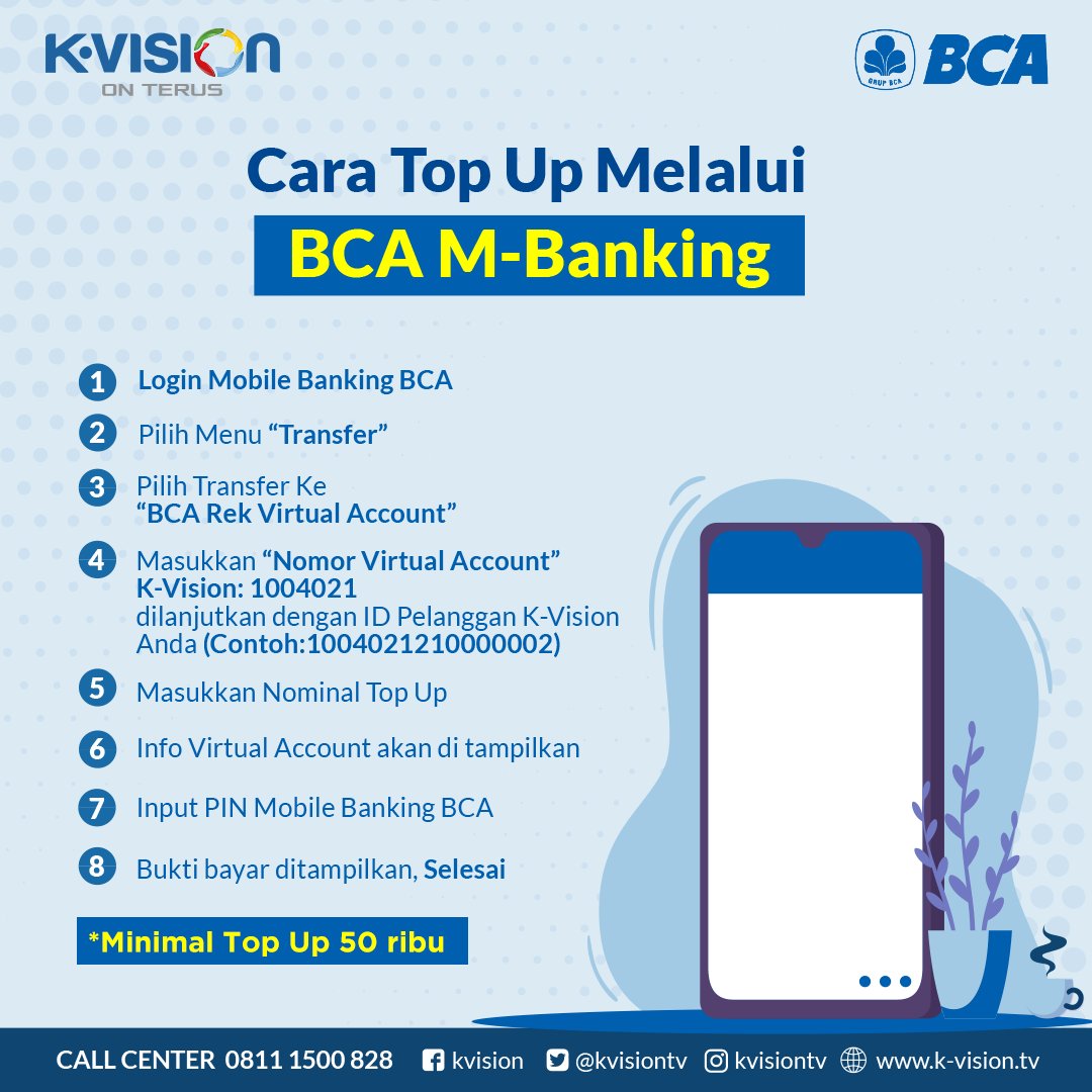 kvisiontv's tweet photo. Top-up saldo K-Vision kamu lewat Bank BCA yuk! Cek caranya berikut ini ya..
K-Vision On Terus!
#KVision #KVisionOnTerus #TVDigitalJamanNow #DIJAMIN #TVBerlangganan #TVBerbayar #InfoKVision #TransaksiViaBankBCA https://t.co/NxBy9jHA4T