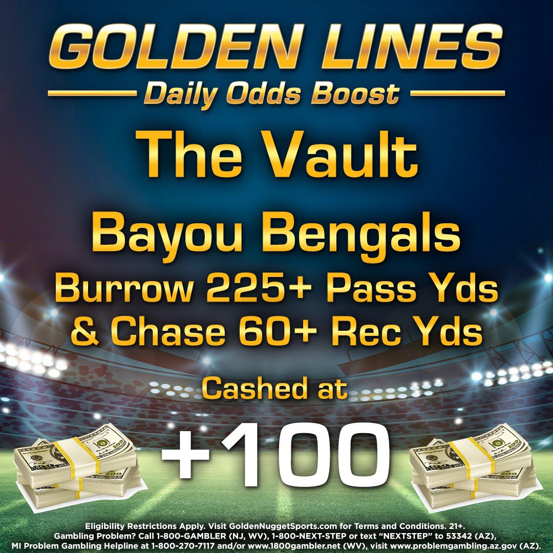 gn_SportsBook's tweet image. 💰#TheVault #SuperBoost has cashed!💰
The Bayou Bengals QB1 &amp;amp; WR1 are having a night as they look to secure a win! Did you cash in?

🔥Burrow 225+ Pass Yds &amp;amp; Chase 60+ Rec Yds +100🔥

#NFLPlayoffs
#CINvsKC
#RuleTheJungle
#GoldenLines
Bet with Us Next Time: gnog.co/PBFYi1