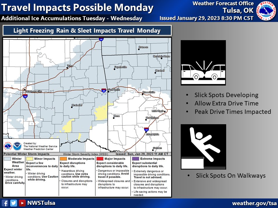 NWStulsa's tweet photo. [8:33 PM 1/29/23] Freezing drizzle tonight w/ freezing rain and sleet expanding during the day Monday. Impacts to travel likely. Additional ice/sleet accumulations Tuesday. https://t.co/WDR2e7mpSS