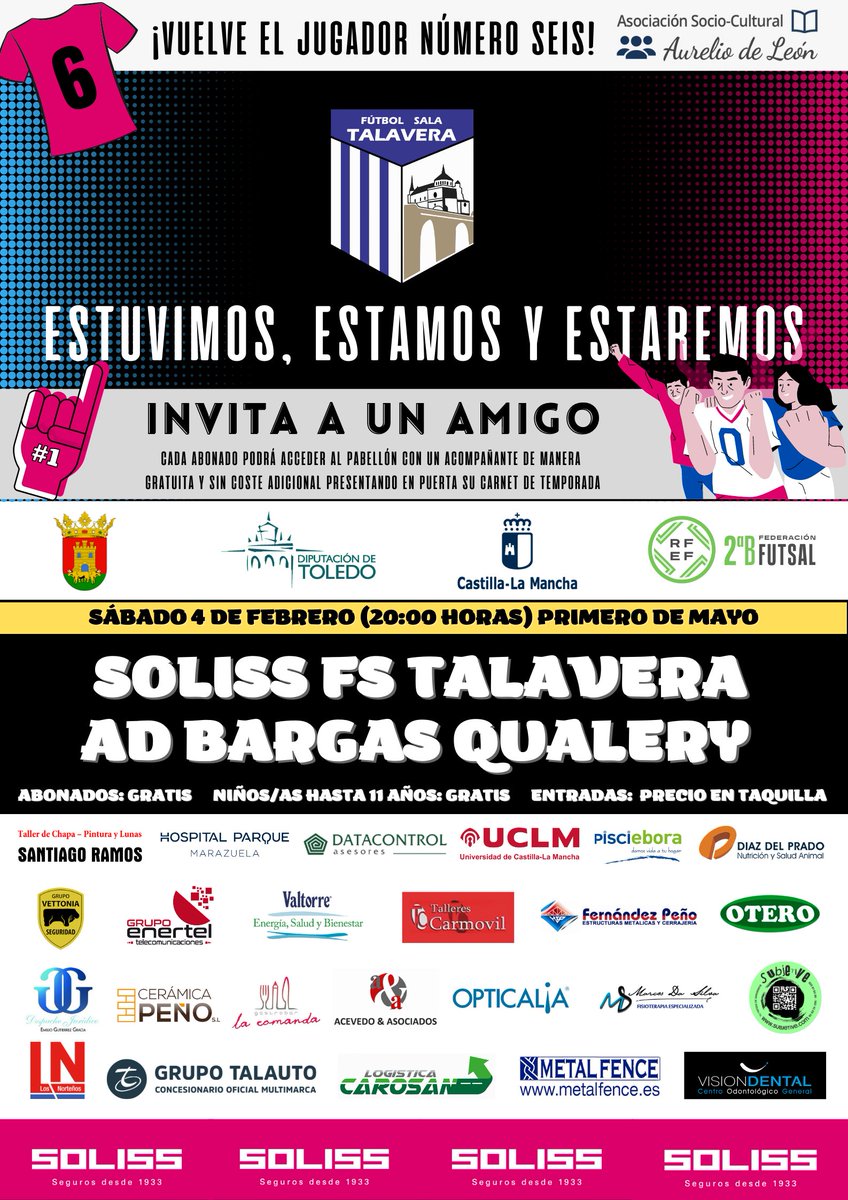 Semana de clásico frente a <a href="/AdbargasOficial/">AD Bargas FS</a> 🔴⚪️.  Desde las 2⃣0⃣:0⃣0⃣ horas del sábado os esperamos en el 1º de Mayo 🏟️🏟️🏟️. Si eres abonado, tráete un amigo y tendrá la entrada gratis presentando en puerta tu carnet 🪪🪪🪪 ¡Además vuelve el Jugador Nº6⃣ con la <a href="/asc_aureliodl/">Asociacion Aurelio de Leon</a>!