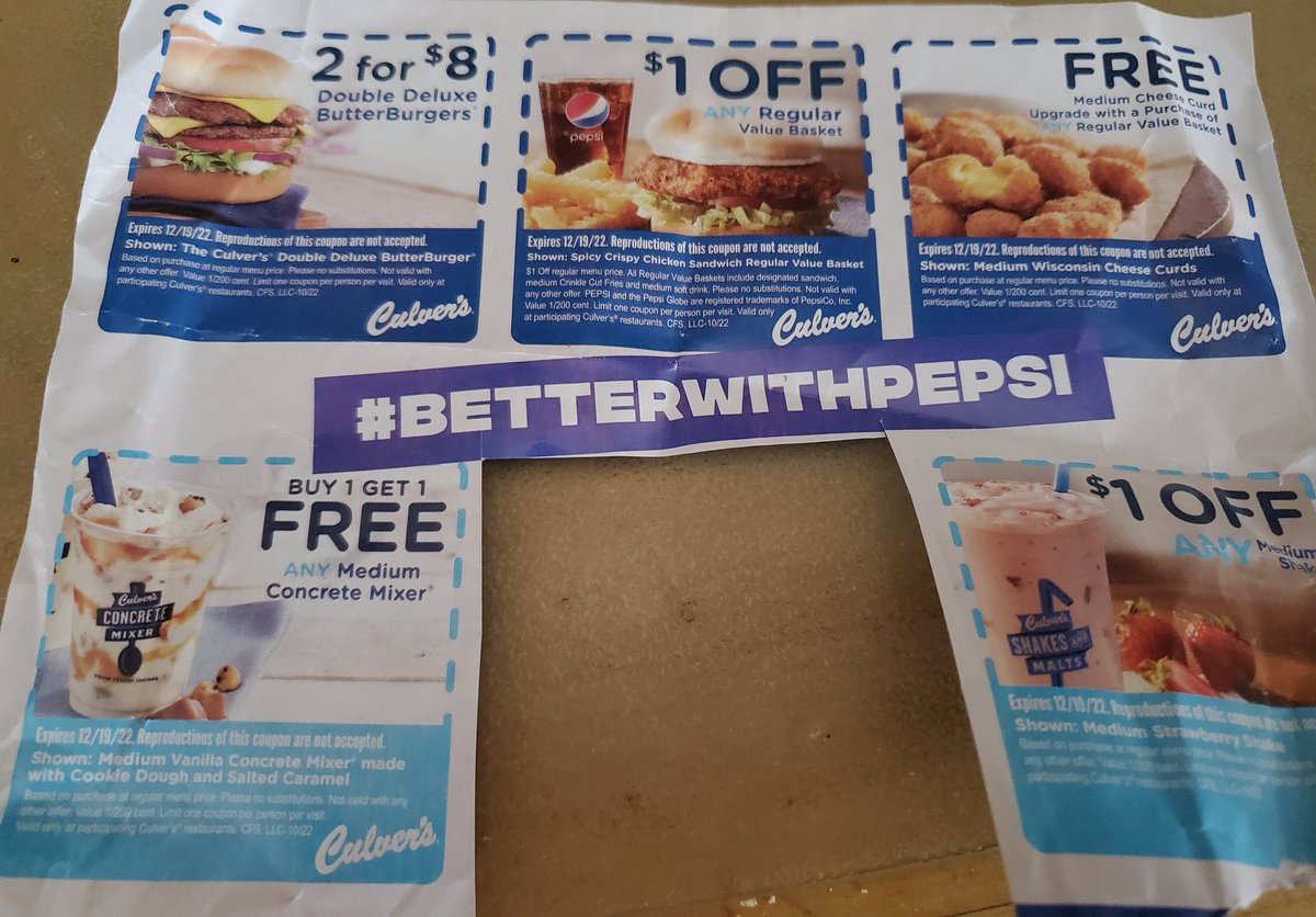 Beckett_MAD's tweet photo. Should I hang on to these @culvers coupons as a collector's item?

#betterwithpepsi https://t.co/pySGM822VG