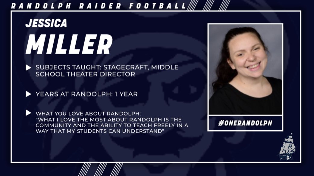RRaidersFBL's tweet photo. This week in our “Teacher Spotlight” series we want to highlight Jessica Miller. Jessica was selected by the Sophomores. Thank you for all you do for our school and our student-athletes #OneRandolph #BuiltDifferent #RaiseTheR https://t.co/QvVtRi7fNd