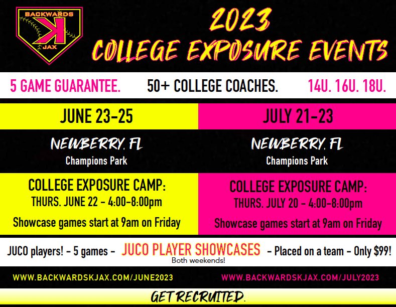 OUR SUMMER SHOWCASES ARE FILLING UP FAST‼️ 

▪️5 game guarantee
▪️1 complex - 1 location!
▪️50+ COLLEGE COACHES‼️

🔥 RECRUITING CAMP - Thursday night - 4:00-8:00pm - 20+ COLLEGE COACHES!

📲 REGISTER NOW. Save your team’s spot.💰Pay later.

backwardskjax.com

#GETRECRUITED