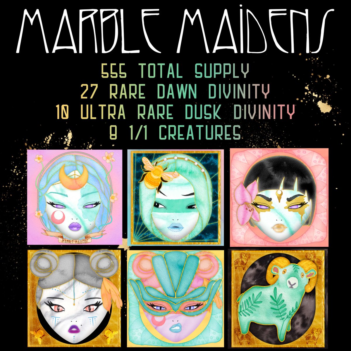thistakesawhile's tweet photo. MARBLE MAIDENS BY
@kay_wren_ @LzZoey @NatureOracle
MINT FEB 3 2023
TIME 10:15PM UTC
Unique, hand-painted watercolor art.
✅UTILITY: Royalty sharing, 1/1s, rare, WL, Giveaway!
✅SUPPLY: 555
✅PRICE: 50ftm Public / 30ftm WL!
Don't miss it, this is going to go FAST! https://t.co/DrUWe3SHkS