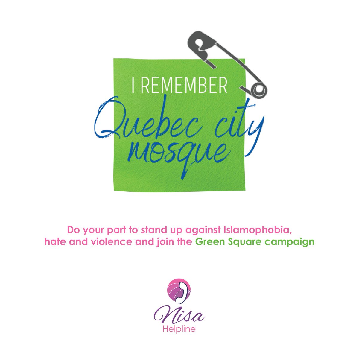 NISAHelpline's tweet photo. Today is The National Day of Remembrance of the Quebec City Mosque Attack and Action Against Islamophobia. 
🟩Join us in honouring the memory of those six worshippers and do your part in standing up against Islamophobia.
#GreenSquareCampaign @nccm https://t.co/ddvdLPbNE2