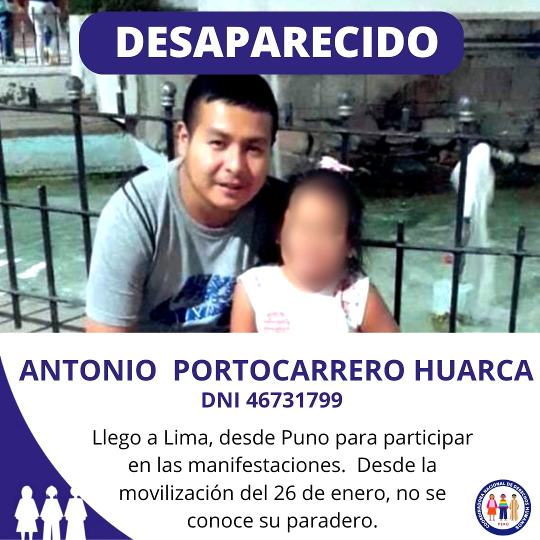 cnddhh's tweet photo. 🚨 URGENTE 
Antonio Portocarrero Huarca,
DNI46731799, está #desaparecido desde la moviliación del 26 de enero. 
Exigimos a las autoridades que se hagan todos los esfuerzos para su inmediata ubicación.  
#CNDDHH https://t.co/gOwjnqfqUW