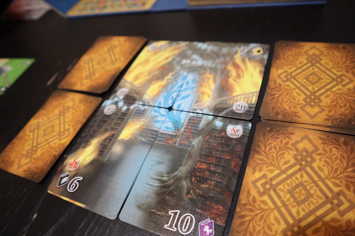 SpearsBenjamin's tweet photo. We played #FireInTheLibrary, a fun push-your-luck game from @WeirdGiraffes games, this afternoon! Rescue books by drawing them from a bag…but don’t draw a fire token or they all go up in smoke! My 11yr old came back to win at the very end! 📚🔥 #BestLibrarian #boardgames https://t.co/SzBRfhdQLs